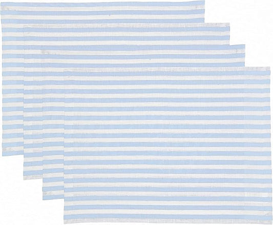 Solino Home Linen Placemats Set of 4 - Amalfi Stripe Sky Blue and White Placemats 14 x 19 Inch - 100% Pure Linen Place Mats for Christmas, Holiday