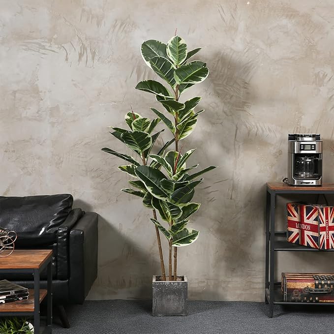 Artificial Rubber Tree Plant 5ft Tall Faux Ficus Tree Potted Fake Tropical Plants Decorative House Plants Large Floor Artificial Trees for Home Office Store Room Decor