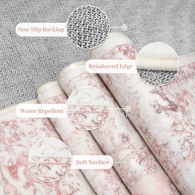 LIVEBOX Area Rug Pink 4x6 - Oriental Floral Bedroom Rug Vintage Low-Pile Indoor Rugs for Kids Room, Non-Shedding Retro Carpet, Accent Rugs for Kitchen Entryway Office Camper Pink