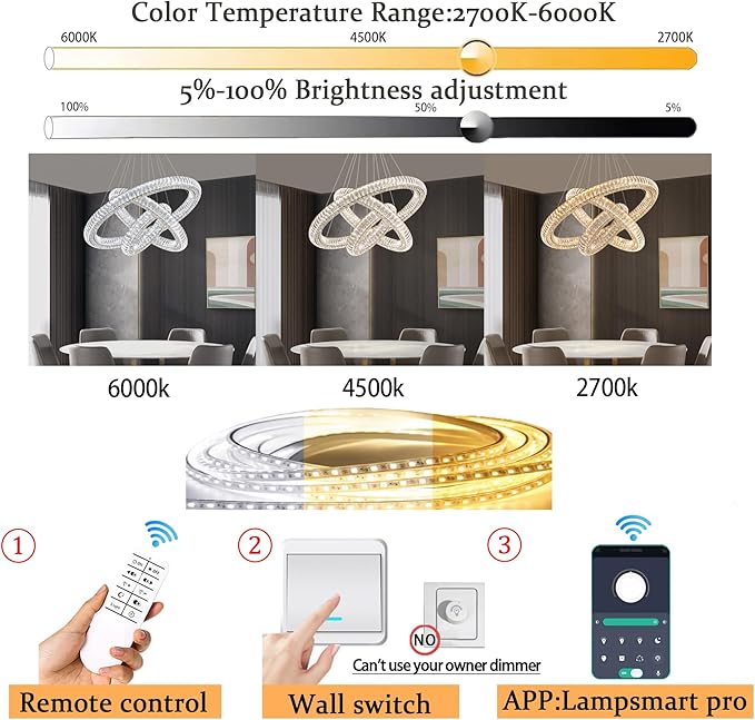 Gold 3 Rings Crystal Chandeliers for Dining Room Foyer High Ceiling 120'' Long Staircase Hanging Pendant Light D16+D24+D32 3000-6000K LED Dimmable