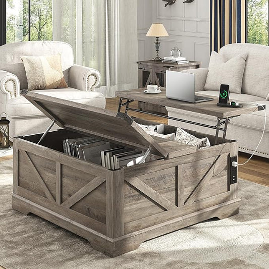40” Large Farmhouse Lift Top Coffee Table with Power Outlets and Large Hidden Storage, Square Wood Living Room Tables, Multi-Function Lift Wooden Barn Door Center Table, Grey