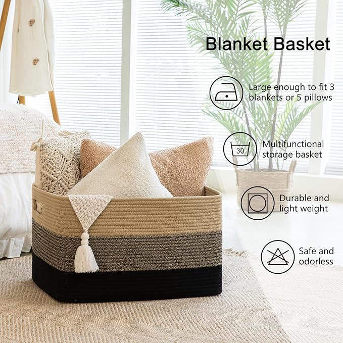 OIAHOMY 108L Large Cotton Rope Basket, Rectangle Woven Baskets for Storage, Nursery Blanket Storage Living Room, Toy Basket With Handle-25”x16”x16”-Yellow Black