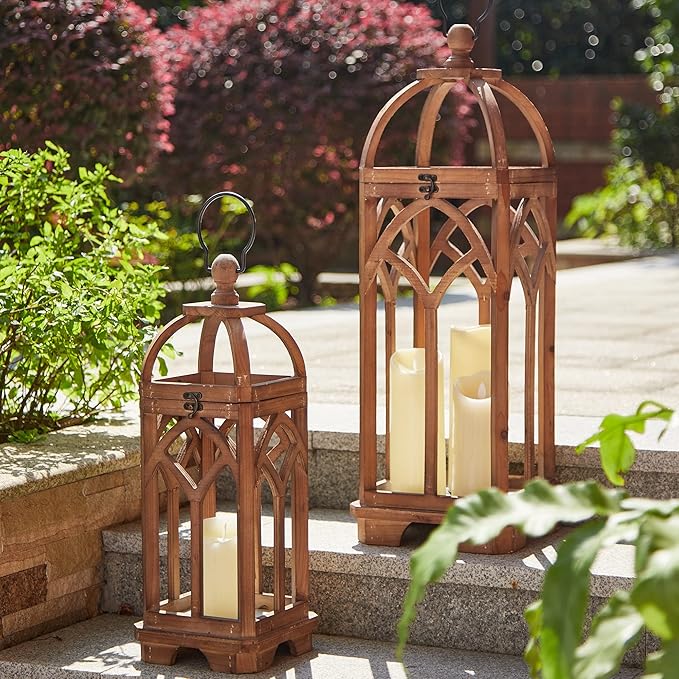 Glitzhome Farmhouse Decorative Lanterns Wooden Candle Lantern Church Window Frame Lanterns for Wedding Mantle Entryway Home Patio Balcony Garden, Pack of 2, Natural, No Glass