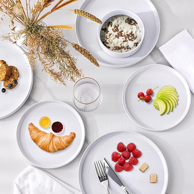 Dinnerware Set for 8, GBhome 24 Piece Speckled Plates and Bowls Set with Glazed Bottom, Chip and Scratch Resistant Stoneware Plates Sets, Dishwasher & Microwave Safe Dishes, White