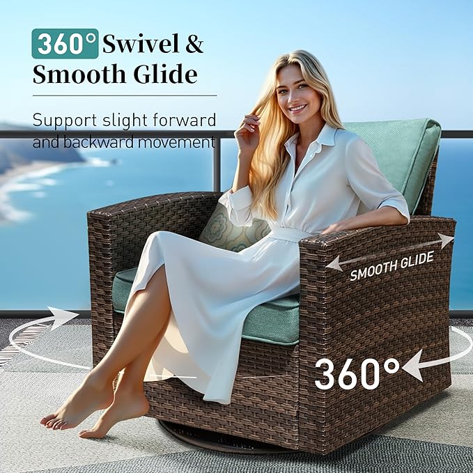 Swivel Glider Patio Furniture Set Outdoor Furniture Brown Wicker Rattan Patio Conversation Sets with Cushion Outside Sofa Set,5 Pieces 7 Seats,Blue