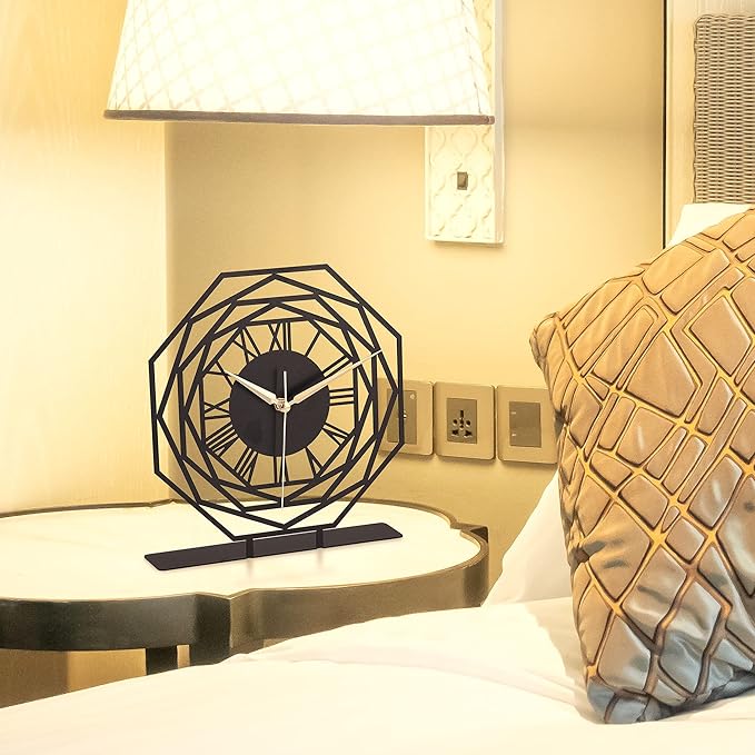 8.9x9.5 Metal Desk Clock, Black Round Silent Non-Ticking Analog Table Clock, Battery Operated, Decorative Desk and Shelf Clock, Desk Clocks for Living Room Bedroom Kitchen Office School