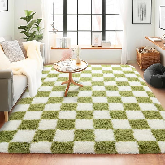Checkered Rugs for Bedroom, Ultra Fluffy Fuzzy Shag Area Rug for Living Room 5x7, Modern Plush Soft Upgrade Non-Slip Carpet for Kids Girls and Boys Room Dorm Nursery Home Decor, Cream and Green