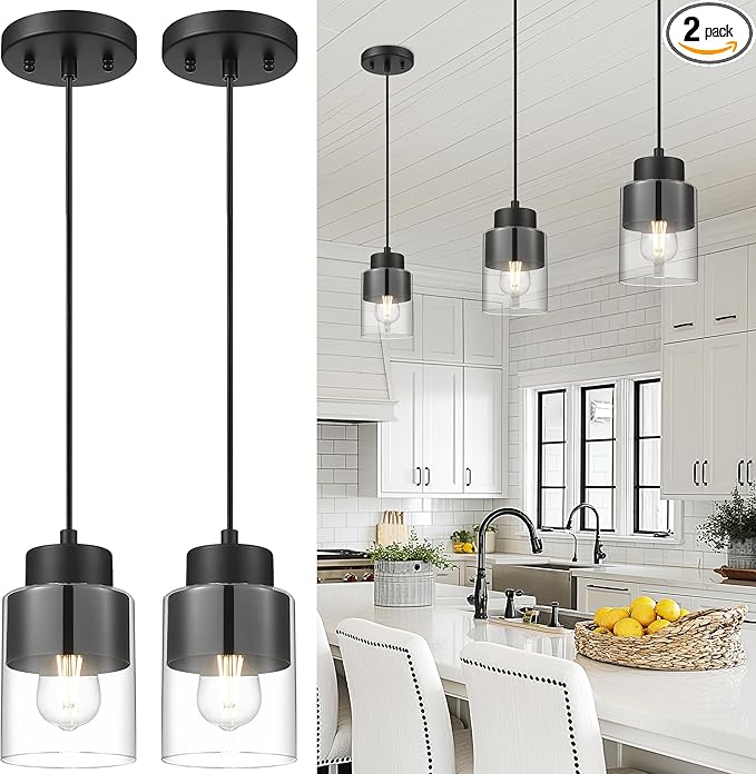 2-Pack Pendant Lights Kitchen Island, Dual Shade Hanging Lights Fixtures with Metal and Clear Glass, Modern Matte Black Kitchen Pendant Lighting Over Island for Dining Room, AD-24022-1P2-BK