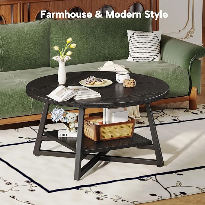 Coffee Table for Living Room, Round Coffee Table, Small Circle Coffee Table with Storage, Modern Wood Round Center Table for Home Office, Small Space, Easy Assembly, Black