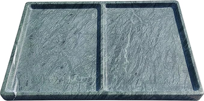 11.81"x7.87" Marble Decorative Tray with 2 Compartments – Catchall Organizer for Jewelry, Soap, Cosmetics – Polished Green Stone Vanity Tray for Bathroom, Dresser, Entryway, Office Decor