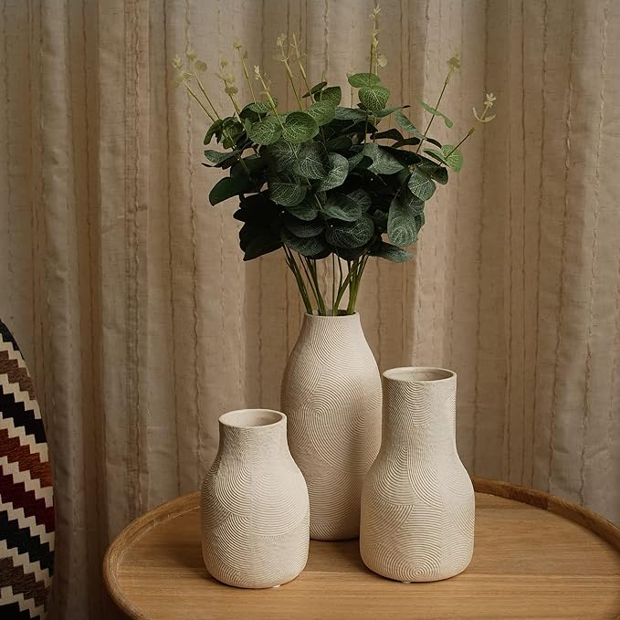 Ceramic Vases for Home Decor - Matte White Textured Vase Set of 3, Decorative Vases for Flowers, Pampas Grass Arrangement, Table Centerpieces, Office and Living Room Boho Decor