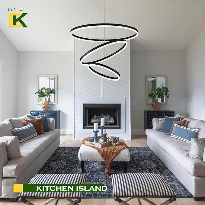 D31.5 3 Rings Modern LED Chandelier Black Dimmable LED Pendant Light with Remote Control Circular Flush Mount High Ceiling Light for Dining Room Living Room Bedroom Foyer(3000K-6500K, H71)