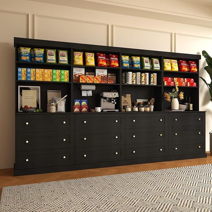 71" Farmhouse Kitchen Pantry Cabinet Set of 4 with Drawers, Black Freestanding Coffee Bar Hutch with Microwave Stand, Large Storage Cabinet with Adjustable Shelves for Kitchen, Living Room