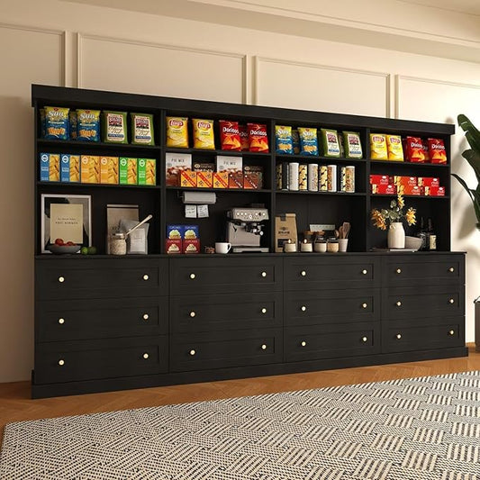 71" Farmhouse Kitchen Pantry Cabinet Set of 4 with Drawers, Black Freestanding Coffee Bar Hutch with Microwave Stand, Large Storage Cabinet with Adjustable Shelves for Kitchen, Living Room