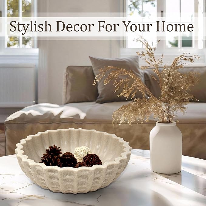 Modern Decorative Bowl, Sculptural Resin Display Bowl for Home Decor, Large Centerpiece for Kitchen Counter or Entry Table, Key Bowl or Fruit Bowl, Beige