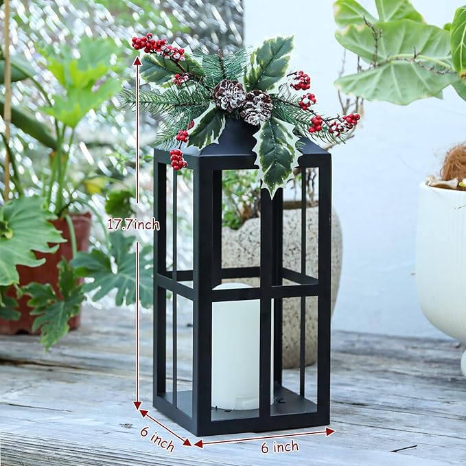 Bdor 2 Pack Christmas Lantern Decoration with LED Flameless Candle, Pinecones & Holly Berries, Holiday Tabletop or Porch Decor, Battery Operated Christmas Lighting