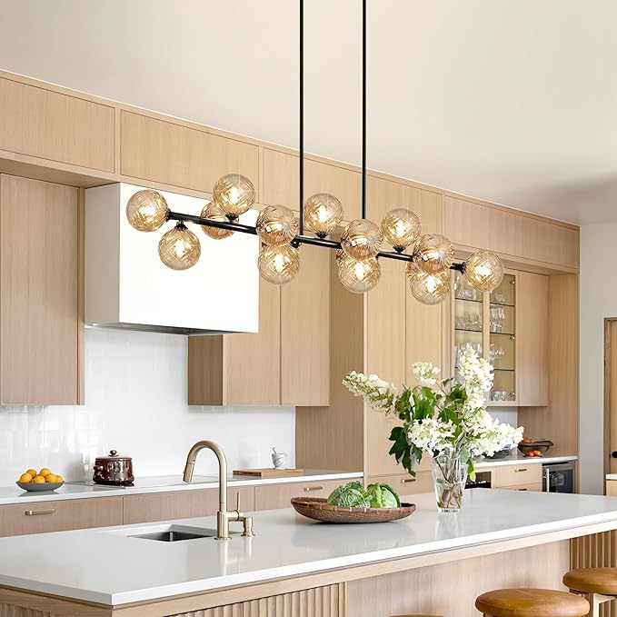 Large Dining Room Light Fixture, 55" Modern Linear Sputnik Chandeliers with Amber Sirled Glass Globe Bubble Farmhouse Chandeliers for Dining Room 16 Lights Island Light for Kitchen