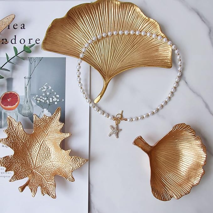 Metal Jewelry Dish, Small Leaf Shaped Ring Holder Jewelry Organizer, Trinket Dish Vanity Tray for Dresser Christmas Birthday Wedding Gifts Large Ginkgo-Gold