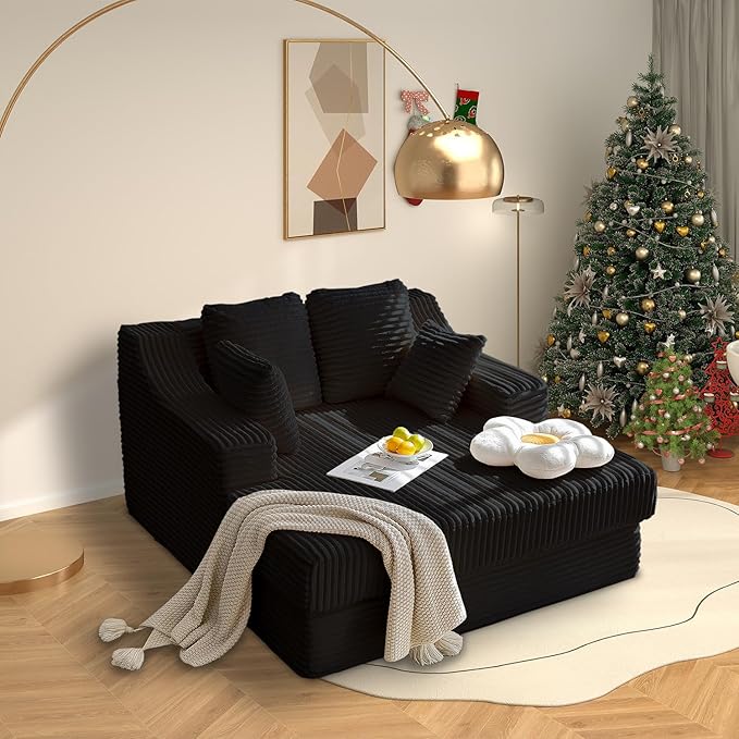 55 Inch Chaise Lounge Indoor - Oversized Chaise Lounge with 4 Throw Pillows and Armrets, Upholstered Plush Sofa Bed, Corduroy Lazy Chair Bed, Sleeper Chair for Living Room or Bedroom, Black
