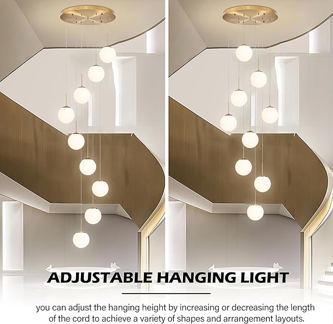 KoKo&Yukina 9-Light Globe Milky White Glass Pendant Light Adjustable Length Pendant Lights Modern Glass Globe Pendant Lights Gold Chandeliers Large Chandeliers for High Ceilings (Bulb & Remote Incl)