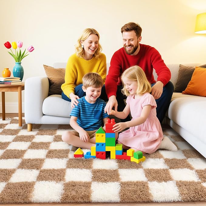 Checkered Rugs for Bedroom, 4x6 Ultra Fluffy Fuzzy Shag Area Rug for Living Room, Modern Plush Soft Upgrade Non-Slip Carpet for Kids Girls and Boys Room Dorm Nursery Home Decor, Cream and Camel