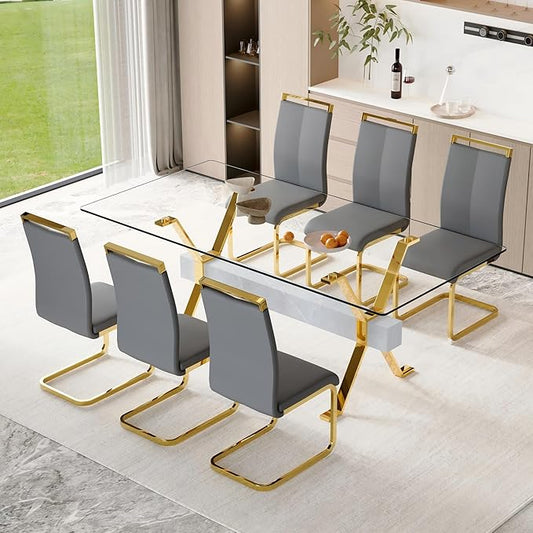 7 Piece Glass Dining Table Set, 79" Modern Dining Table Set for 6, 0.5" Thick Tempered Glass Tabletop with Silver Chrome Metal Legs and Grey Crossbar, 6 PU Chairs for Dining Room, Kitchen
