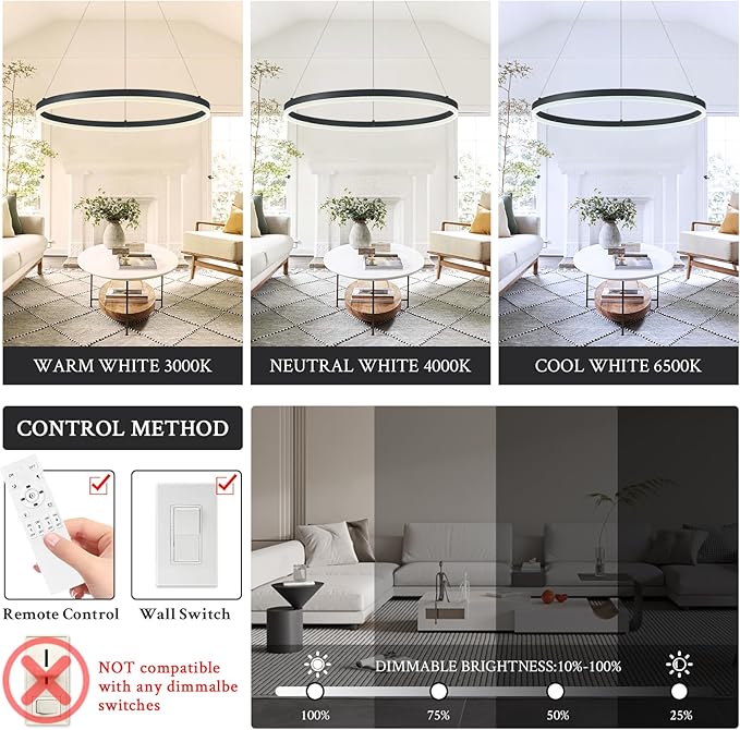 Modern LED Pendant Lighting 24'' Ring Chandelier Black Dimmable LED Chandelier for Dining Room 36W Adjustable Pendant Light Fixture for Living Room Bedroom Home Office Foyer, 3000-6500K