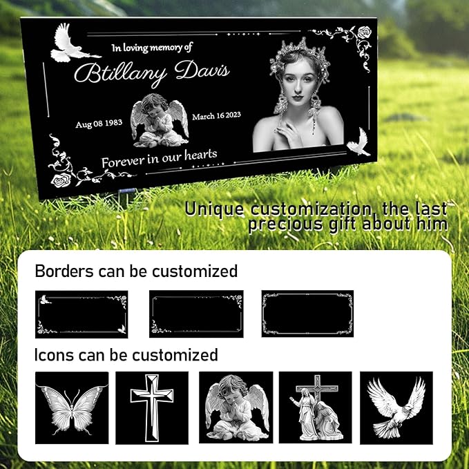 Personalized Headstone with Photo, Memorial Stone, Headstones for Graves, Grave Markers, Black Granite Garden Stone, Memorial Plaques for Outdoor, Grave Decoration for Cemetery (Picture right)
