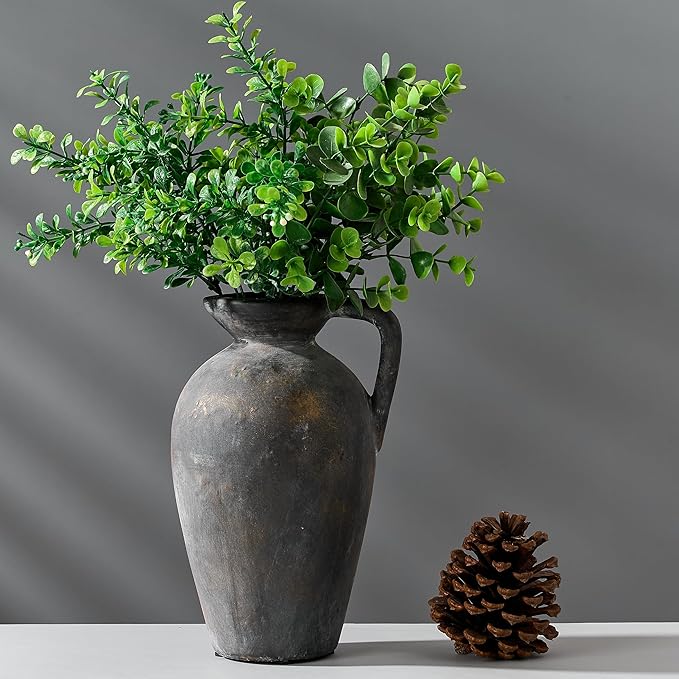 Antique Rustic Ceramic Vase, 9.3 Inch Tall Large Terracotta Vase with Handle, Vintage Farmhouse Pottery Vase for Home Decor, Living Room, Entryway, Wedding, Thanksgiving - Black Bronze