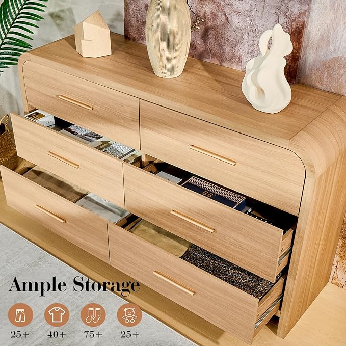 Curved Dresser for Bedroom, Modern Chest of Drawers, Vanity Desk TV Stand for Living Room, Closet Storage Drawers Farmhouse Coffee Table Bedside Table End Table (Oak, 6 Drawers)