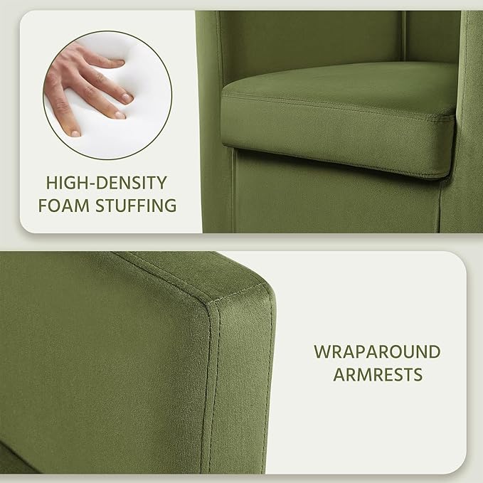 Yaheetech Velvet Accent Chair, Modern and Comfortable Armchairs, Upholstered Barrel Sofa Chair for Living Room Bedroom Waiting Room, Olive Green