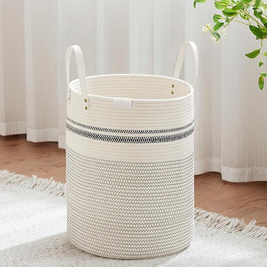 VIPOSCO Tall Laundry Basket, Large Dirty Clothes Hamper with Leather Handle, Woven Rope Storage Basket for Blanket, Toy In Living Room, Bathroom, Bedroom - 53L Stripe White