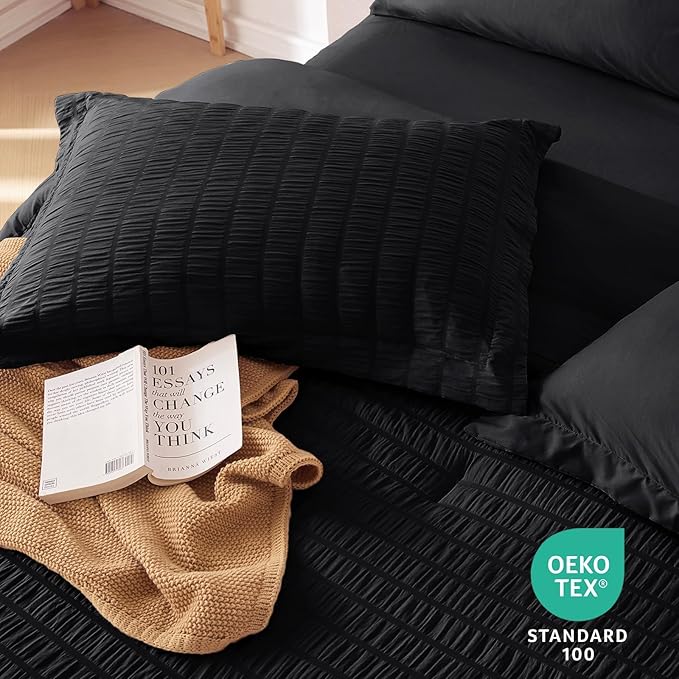 MUXHOMO 7 Pieces Queen Comforter Set, Seersucker Bed in a Bag Queen Size, All Season Luxury Bedding Set with Comforter, Flat Sheet, Fitted Sheet, Pillowcases & Shams, Black