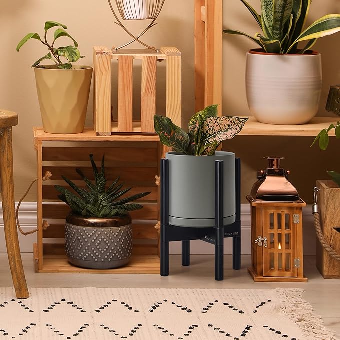 D'vine Dev Ceramic Planter with Ebony Stand - 8 Inch Modern Round Flower Pot with Wood Planter Holder, Grey, 55-B-M-3