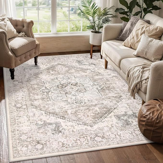 LIVEBOX 5x7 Area Rugs for Living Room, Washable Nursery Beige Neutral Boho Rug, Soft Non-Slip, Low-Pile Vintage Medallion, Retro Faux Wool for Dining Room, Bedroom, Office