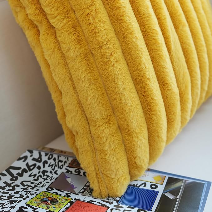 JOJUSIS Pack of 2 Faux Fur Plush Decorative Throw Pillow Covers Couch Cushion Case Soft Pillowcases (Mustard Yellow, 18 x 18-Inch)
