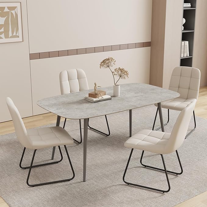 55.1'' Dining Table Set for 4,Modern Wood Dining Table,Leather Dining Chairs 4,Table and Chairs Set of 4,Ideal for Kitchen Dining Room (Gray Table + 4 U-Shaped White Chairs, 55.1")