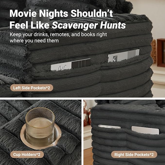 Chaise Lounge Chair Indoor, 64" Oversized Sleeper Chair with Wood Frame, Upholstered Sofa Bed for Living Room, Movie Room, Bedroom with 4 Storage Pockets&2 Cup Holders(Plush Corduroy, Grey)