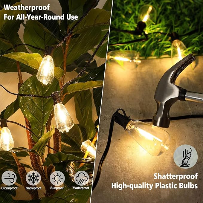 300FT Edison String Lights Outdoor Waterproof with 150+6 Extral LED Shatterproof ST38 Edison Bulbs 2200K for Outside Patio Pergola Backyard Bistro Lights, 3 x 100FT Connectable