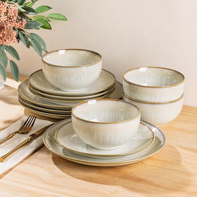 LERATIO Ceramic Dinnerware Sets for 4,Porcelain Plates and Bowls Sets,Handmade Reactive Glaze Dishes Set,Chip Resistant and Scratch Resistant | Oven&Dishwasher & Microwave Safe,Service for 4
