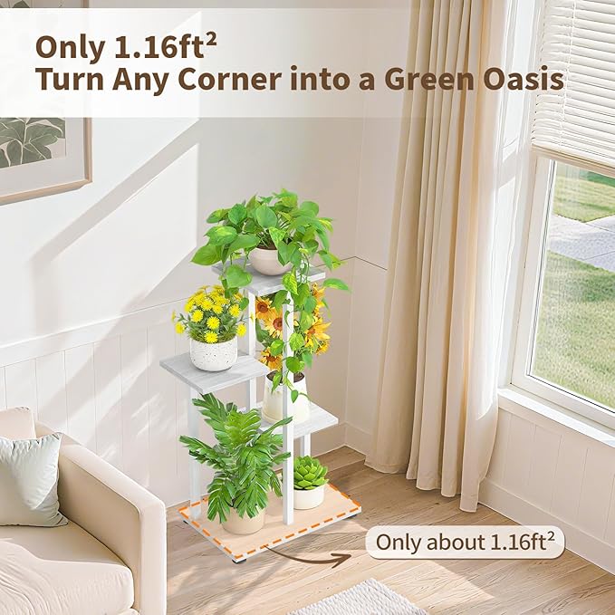 LASZOLA White 4 Tiered Wood Plant Stand Indoor for Large Heavy Duty Planter, Sturdy Multi Level Corner Vertical Flower Rack for Narrow House, Rustic Tall Orchid Shelving Holder for Decor, Space Saving
