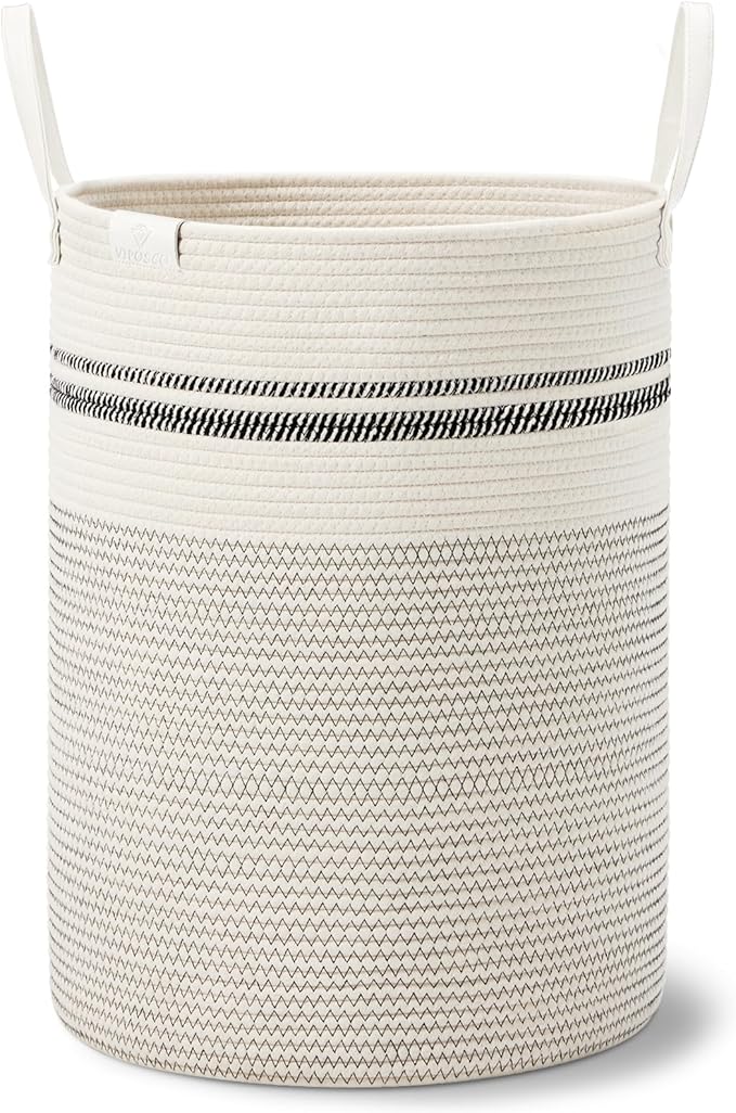 VIPOSCO Tall Laundry Basket, Large Dirty Clothes Hamper with Leather Handle, Woven Rope Storage Basket for Blanket, Toy In Living Room, Bathroom, Bedroom - 100L Stripe White