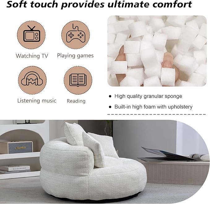 42'' Oversized Round Chair, Single Lounge Chaise Upholstered Sofa Bed with Deep Seat, Chenille Bean Bag Chiar with Pillows for Living Room, Bedroom, Apartment, Reading, No Assembly (Beige)