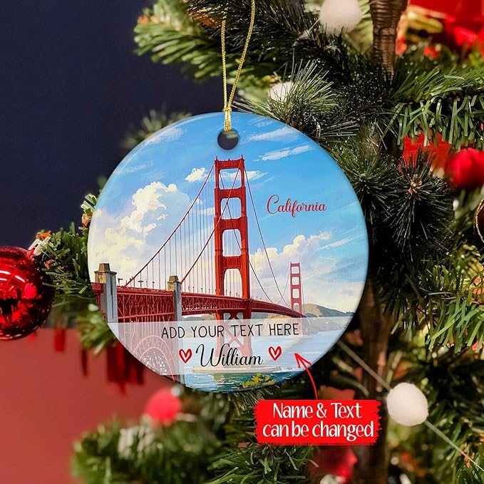 Personalized Golden Gate Bridge San Francisco Ceramic Ornament Christmas Tree 2025, USA Golden Gate Bridge Xmas Ornament Gift for Travel Lovers, Custom Text/Name California Travel Souvenir Ornaments