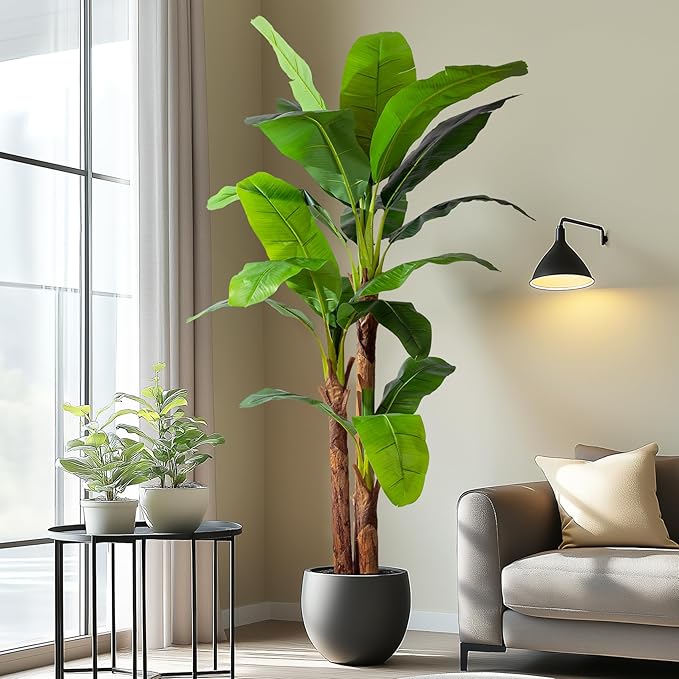 7.2FT Artificial Banana Tree Tall Fake Banana Leaf Plant Faux Banana Silk Tree Faux Banana Leaves for Home Swimming Pool Indoor Outdoor Patio Tropical Decor