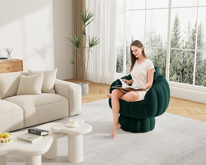 Mid Century Modern 360 Degree Barrel Swivel Accent Sofa Chair,Fluffy Velvet Fabric Lounge Wide Upholstered Pumpkin Reading Chair, Round Cloud Armchair for Living Room,Bedroom,Vanity(Green)