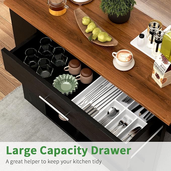 4 EVER WINNER Kitchen Island with Storage, Island Table for Kitchen with Spice Rack & Towel Rack & Open Shelves, Rolling Kitchen Island with Storage Cabinet and Drawer, Black