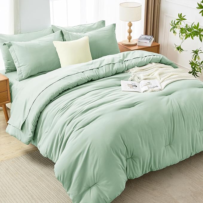 MUXHOMO 7 Pieces King Comforter Set, Soft Bed in a Bag King Size, All Season Bedding Set with Comforter, Flat Sheet, Fitted Sheet, Pillowcases & Shams, Sage Green
