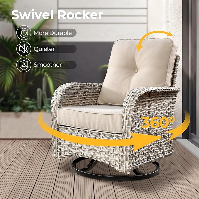 HOOOWOOO Outdoor Sectional Patio Furniture Set with Fire Pit Table,15 Pieces Wicker Conversation Sets L Shaped Couch,Extra Deep Out Door Sofa Outside Furniture with Swivel Chairs Ottomans,Beige