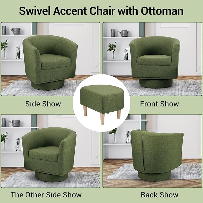 DAZONE Green Swivel Accent Chair with Ottoman, Comfy Barrel Armchair for Small Spaces, 360° Modern Fabric Lounge Chair for Living Room, Bedroom, Reading Nook, Home Office
